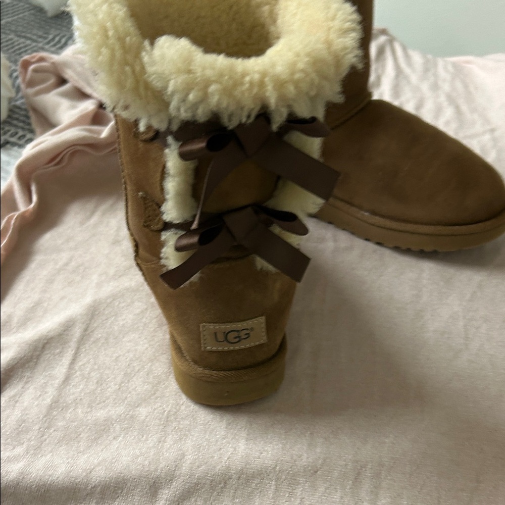 UGG Chestnut Suede Shearling Boots with Back Ribbon Bows